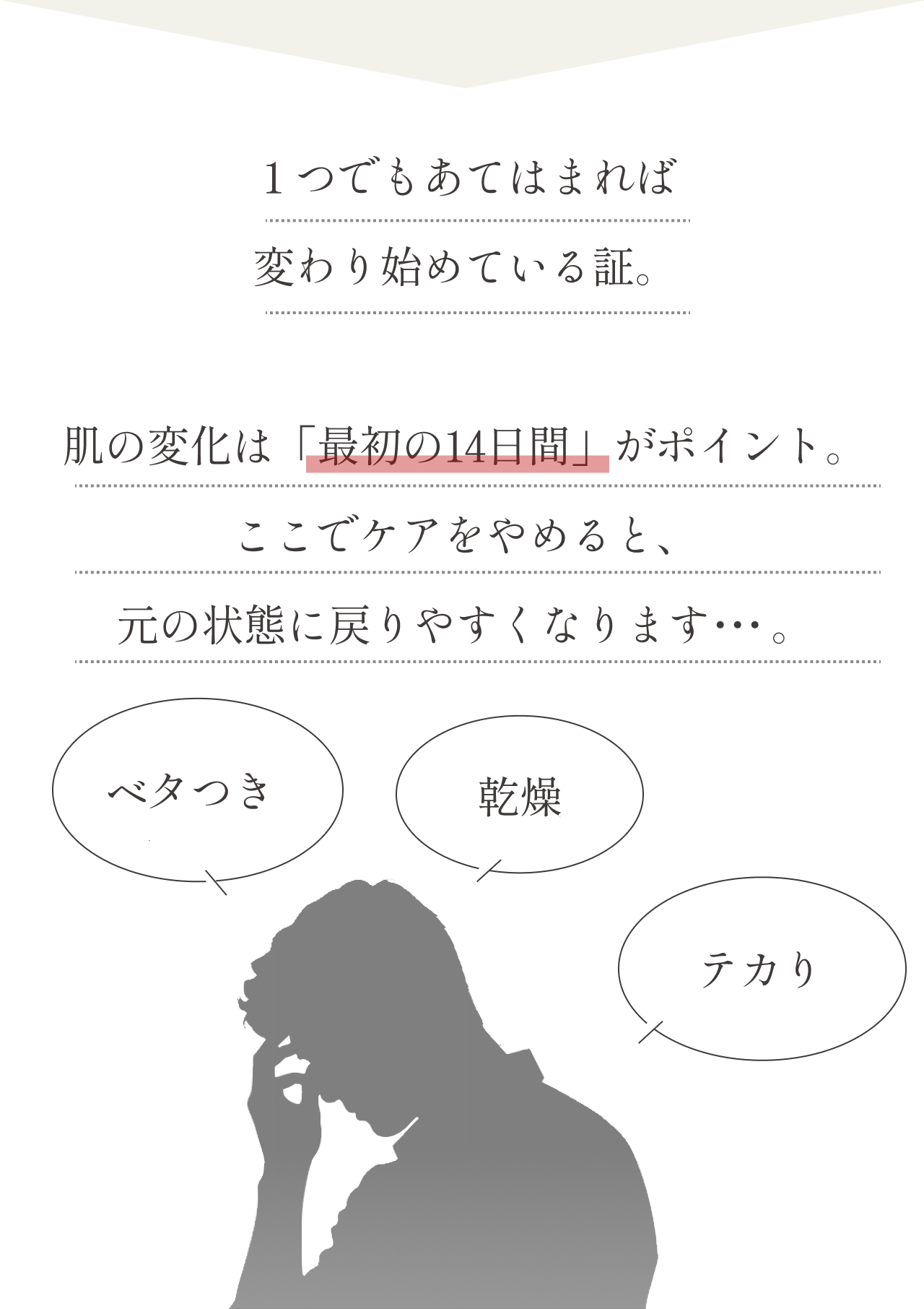 １つでもあてはまれば、変わり始めている証。肌の変化は「最初の14日間」がポイント。ここでケアをやめると、元の状態に戻りやすくなります。