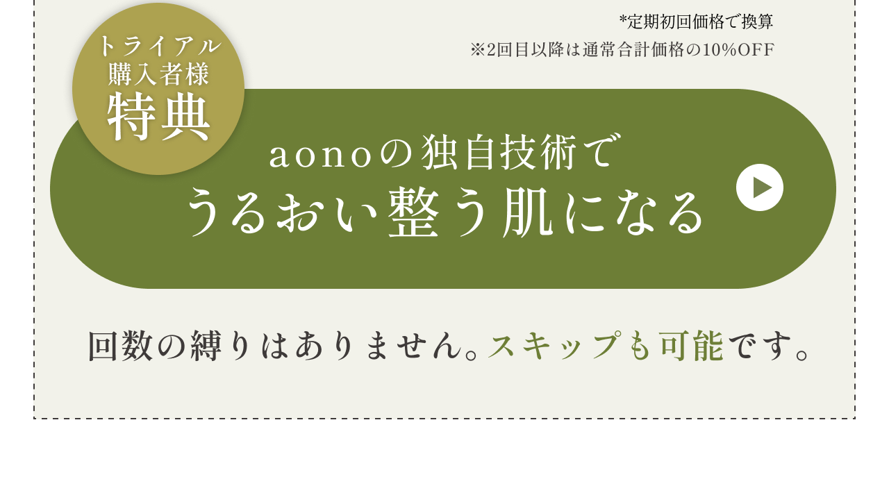 トライアル購入者様特典　aonoの独自技術でうるおい整う肌になる　ボタン　回数の縛りはありません。スキップも可能です。