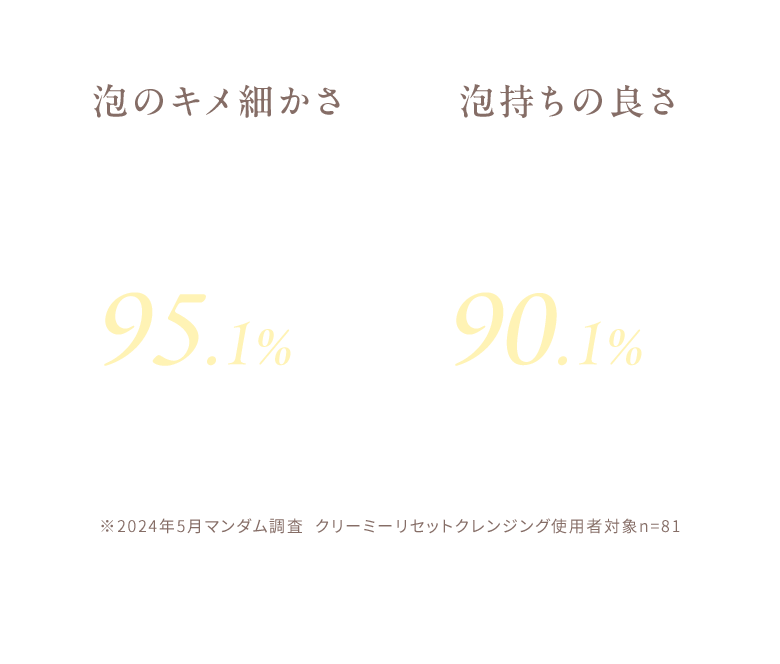 泡のキメ細かさ 95.1%が満足！ 泡持ちの良さ 90.1%が満足！ ※2024年5月マンダム調査  クリーミーリセットクレンジング使用者対象n=81