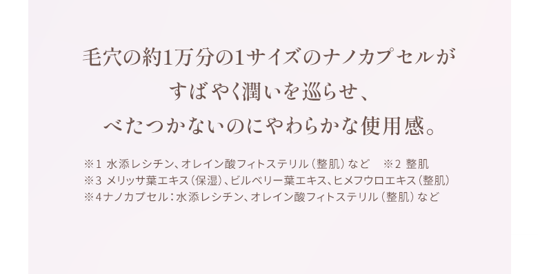 毛穴の約1万分の１サイズのナノカプセルが すばやく潤いを巡らせ、べたつかないのにやわらかな使用感。※1 水添レシチン、オレイン酸フィトステリル（整肌）など　※2 整肌 ※3 メリッサ葉エキス（保湿）、ビルベリー葉エキス、ヒメフウロエキス（整肌） ※4ナノカプセル：水添レシチン、オレイン酸フィトステリル（整肌）など