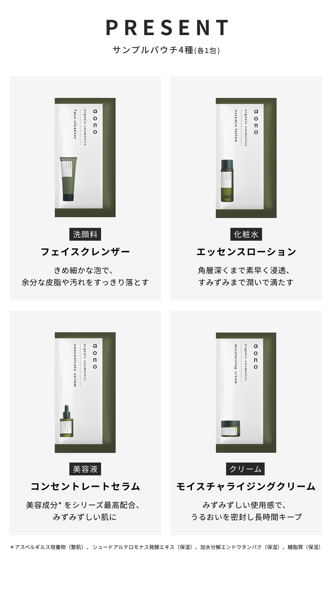 PRESENT サンプルパウチ4種(各１包) 洗顔料　フェイスクレンザー　きめ細かな泡で、余分な皮脂や汚れをすっきり落とす　化粧水　エッセンスローション　角層深くまで素早く浸透、すみずみまで潤いで満たす　美容液　コンセントレートセラム　美容成分* をシリーズ最高配合、みずみずしい肌に　クリーム　モイスチャライジングクリーム　みずみずしい使用感で、うるおいを密封し長時間キープ　＊アスペルギルス培養物（整肌）、 シュードアルテロモナス発酵エキス（保湿）、加水分解エンドウタンパク（保湿）、糖脂質（保湿）