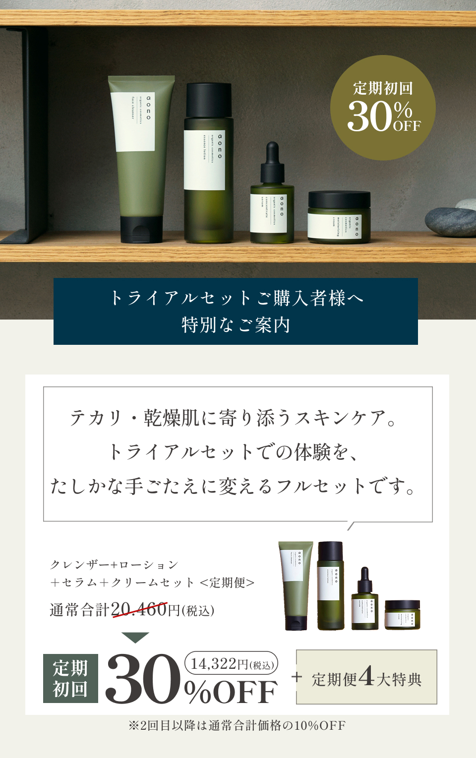 定期初回30%OFF トライアルセットご購入者様へ特別なご案内　テカリ・乾燥肌に寄り添うスキンケア。トライアルセットでの体験を、たしかな手ごたえに変えるフルセットです。クレンザー＋ローション＋セラム＋クリームセット＜定期便＞　通常合計20,460円(税込)→定期初回30％OFF　14,322円(税込)　＋定期便4大特典　※2回目以降は通常合計価格の10%OFF
