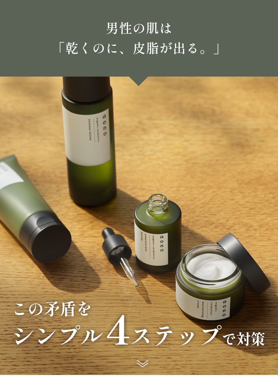 男性の肌は「乾くのに、皮脂が出る。」この矛盾をシンプル4ステップで対策